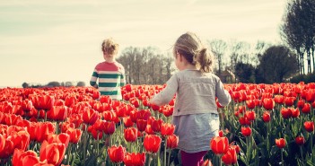 Stock photo of two young white girls walking through a field of red tulips