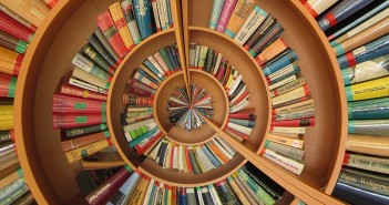 Stock photo of a circular bookshelf filled with books