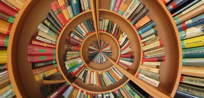 Stock photo of a circular bookshelf filled with books