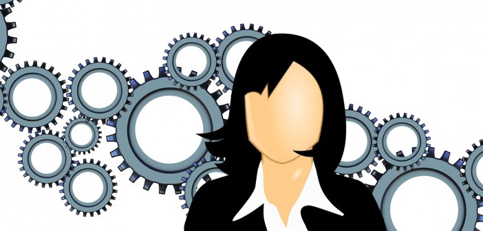 Clip art of a woman with a bunch of gears behind her