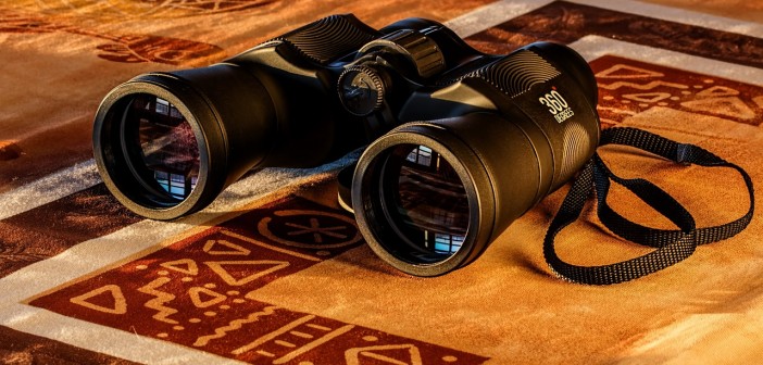 Stock photo of a pair of binoculars on a throw rug
