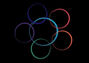 Clip art of six interlocking, multi-colored circles
