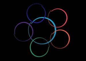 Clip art of six interlocking, multi-colored circles