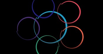 Clip art of six interlocking, multi-colored circles