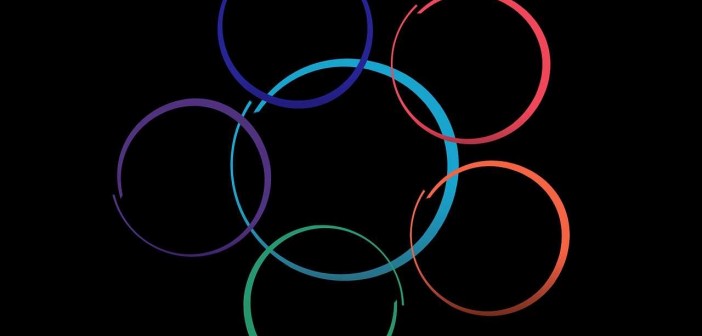 Clip art of six interlocking, multi-colored circles