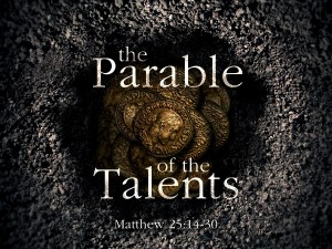 Stock photo of a bunch of roman coins in the dirt with the words "The Parable of the Talents Matthew 25:14-30" printed around them