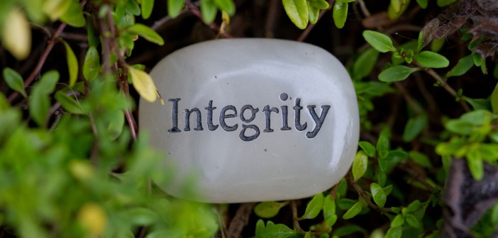Stock photo of a stone with the word "Integrity" engraved on it in a bush