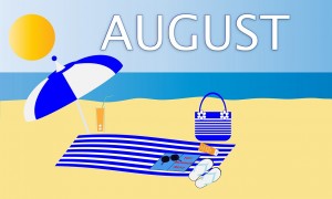 Clip art of a sunny beach with the word "AUGUST" written in the sky