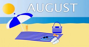 Clip art of a sunny beach with the word "AUGUST" printed in the sky