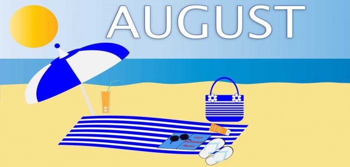 Clip art of a sunny beach with the word "AUGUST" printed in the sky