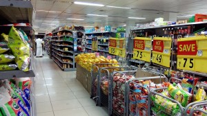 Stock photo of a discount big-box store's snack aisle