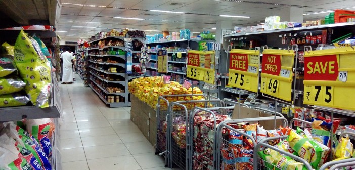 Stock photo of a discount big-box store's snack aisle