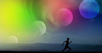 Stock photo of someone running along a beach with four moons and an aurora overhead