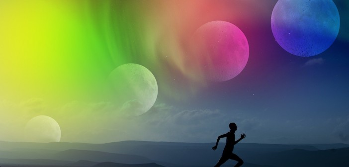 Stock photo of someone running along a beach with four moons and an aurora overhead