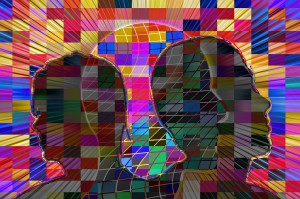 Psychedelic image of silhouettes amidst a multi-colored checkerboard
