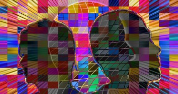 Psychedelic image of silhouettes amidst a multi-colored checkerboard