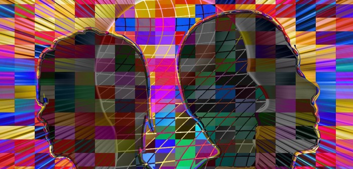 Psychedelic image of silhouettes amidst a multi-colored checkerboard