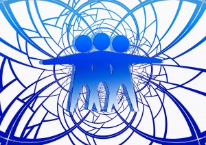 Clip art of three androgynous individuals embracing each other amidst an abstract representation of conflict