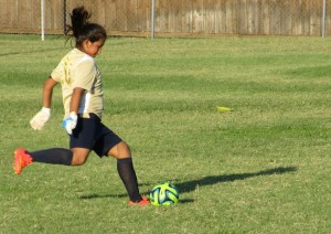 Stock photo of a young woman about to kick a soccer ball