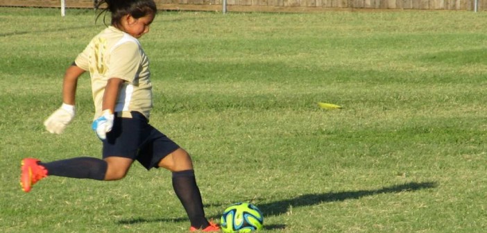 Stock photo of a young woman about to kick a soccer ball