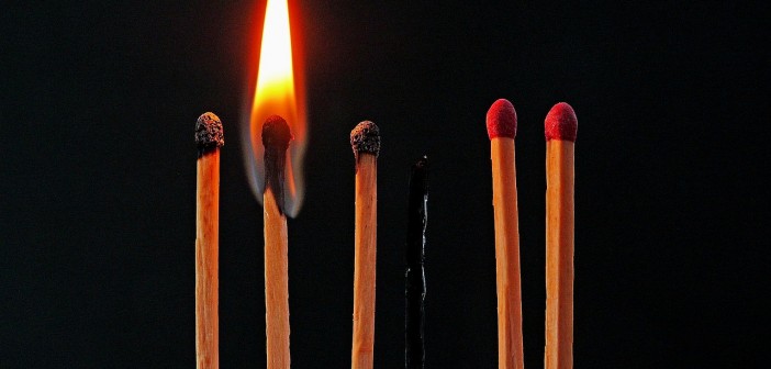 Stock photo of seven matches: two that have not been lit ever, one that is currently lit, two that have been lit but are now extinguished, and one that is completely burnt out