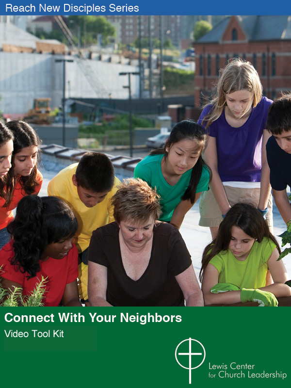 Connect with Your Neighbors Video Tool Kit cover featuring an adult teaching a group of kids to garden