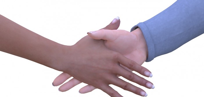 Stock photo of an African American hand and a white hand shaking hands