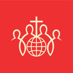 Clip art of a group of individuals surrounding a globe with a cross on the top of it