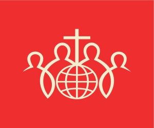 Clip art of a group of individuals surrounding a globe with a cross on the top of it
