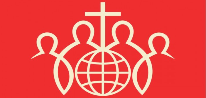 Clip art of a group of individuals surrounding a globe with a cross on the top of it