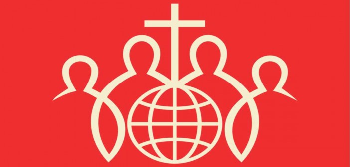 Clip art of a group of individuals surrounding a globe with a cross on the top of it