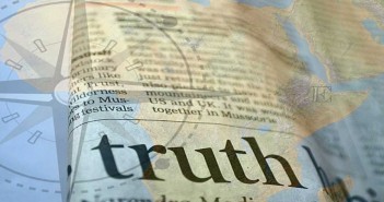 Collage of an atlas with a dictionary entry for "TRUTH" overlaid on it