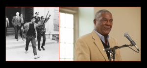 Side-by-side photo of civil rights leader Thomas W. Jones: the image on the left is of him leading a walkout with a raised clenched fist and armed with a rifle from the 1960s and in black-and-white; the image on the right is of him many years later in a suit and giving a speech
