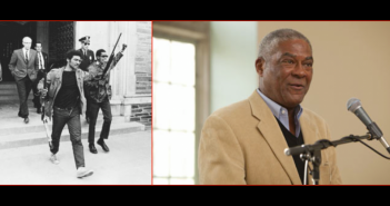 Side-by-side photo of civil rights leader Thomas W. Jones: the image on the left is of him leading a walkout with a raised clenched fist and armed with a rifle from the 1960s and in black-and-white; the image on the right is of him many years later in a suit and giving a speech