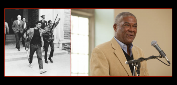 Side-by-side photo of civil rights leader Thomas W. Jones: the image on the left is of him leading a walkout with a raised clenched fist and armed with a rifle from the 1960s and in black-and-white; the image on the right is of him many years later in a suit and giving a speech