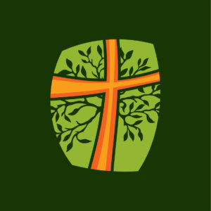 Clip art of an orange cross with green leaves coming out from it