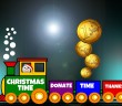 Clip art of a toy train. The front engine is green and conducted by a snowman wearing santa hat and says "Christmas Time". The second car is purple and says "Donate". The third car is blue and says "Time" and it has four coins being dropped into it. The last car is read and says "Thanks"
