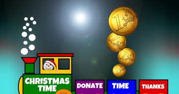 Clip art of a toy train. The front engine is green and conducted by a snowman wearing santa hat and says "Christmas Time". The second car is purple and says "Donate". The third car is blue and says "Time" and it has four coins being dropped into it. The last car is read and says "Thanks"