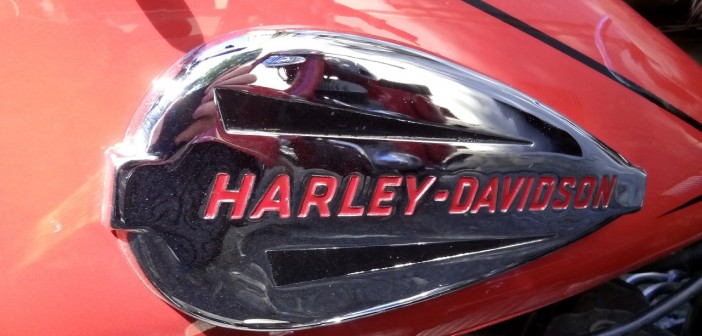 Closeup stock photo of the body of a Harley-Davidson motorcycle