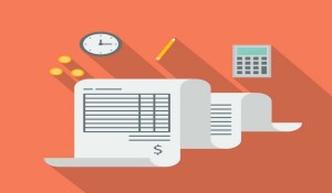 Clip art of a budget sheet with a pencil, a calculator, three coins and a clock. It's 12:15