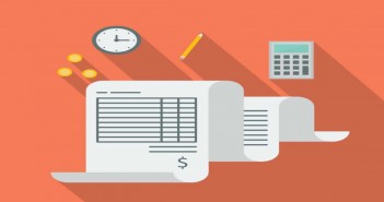 Clip art of a budget sheet with a pencil, a calculator, three coins and a clock. It's 12:15