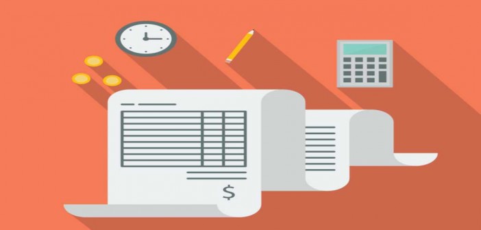 Clip art of a budget sheet with a pencil, a calculator, three coins and a clock. It's 12:15