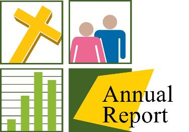 Clip art of a cross, a man and a woman, a bar graph, and "ANNUAL REPORT"