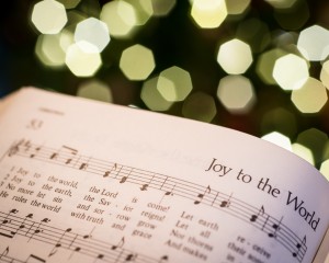 Stock photo of a hymnal open to "Joy to the World"