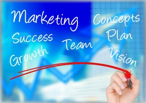 Stock photo of a hand writing "MARKETING" "CONCEPTS" "SUCCESS" "TEAM" "PLAN" "GROWTH" and "VISION" on a whiteboard