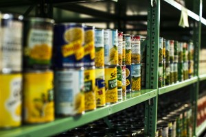 Stock photo of a stocked shelf at a food pantry