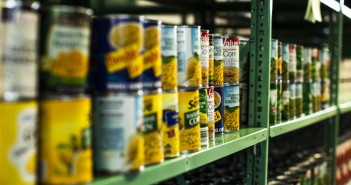 Stock photo of a stocked shelf at a food pantry