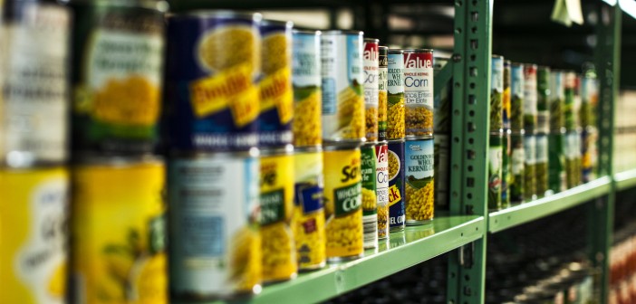 Stock photo of a stocked shelf at a food pantry