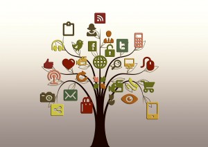 Clip art of a bunch of social media/computer logos and images on a tree