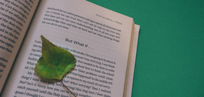 Stock photo of a book opened up to a page with a green leaf marking where the reader left off